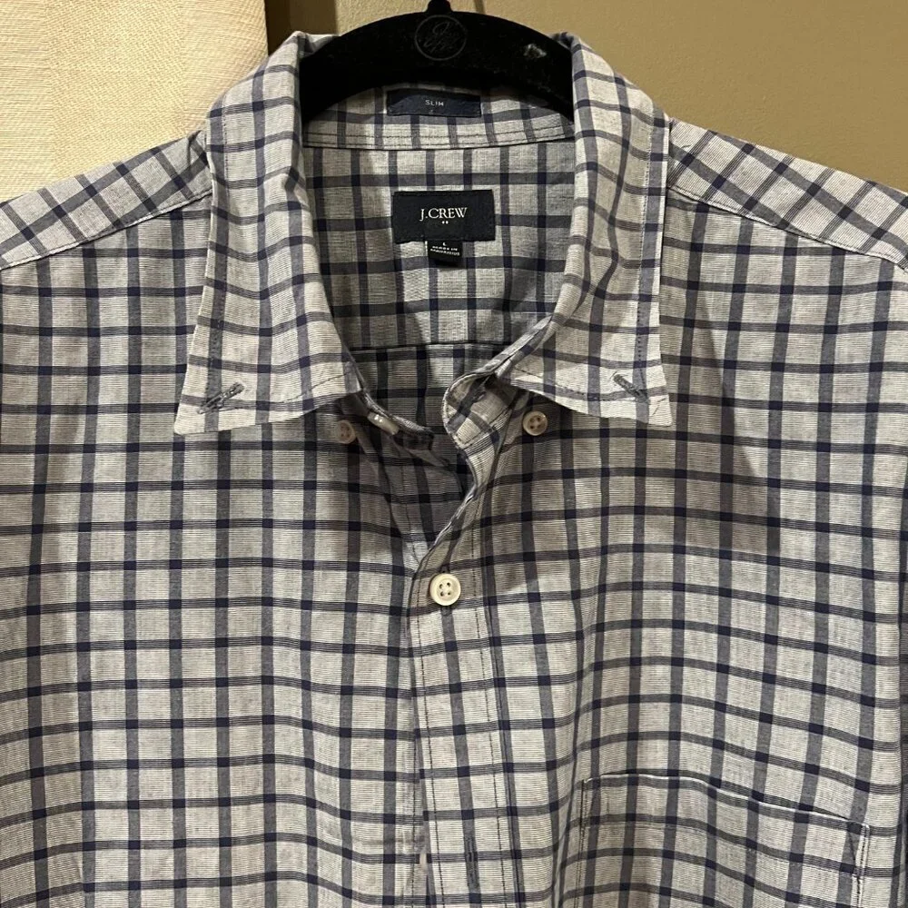 J Crew Slim Fit Blue Check Button Down Men's Long Sleeve Dress Shirt, Size Large